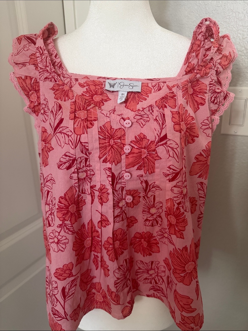 Jessica Simpson Pink & Red Floral Square-Neck Camisole